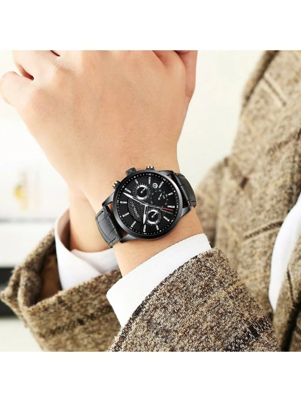 Men's All Black Leather Strap Casual Chronograph Quartz Waterproof Wrist Watch